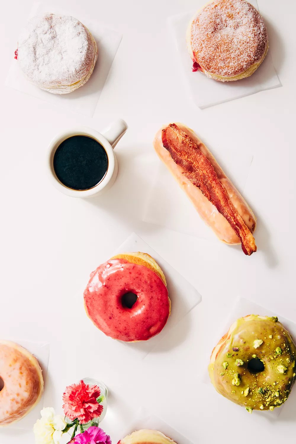 Coffee and assorted glazed and filled donuts at Gracie’s